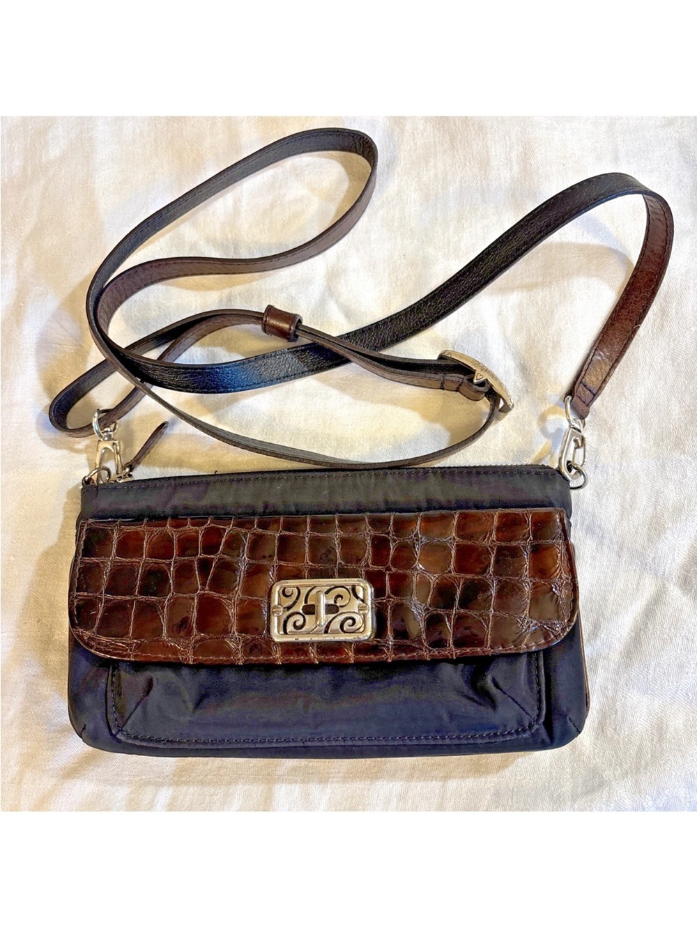 Brighton Black Brown Croc Embossed Nylon Crossbody Bag Purse Silver Hardware